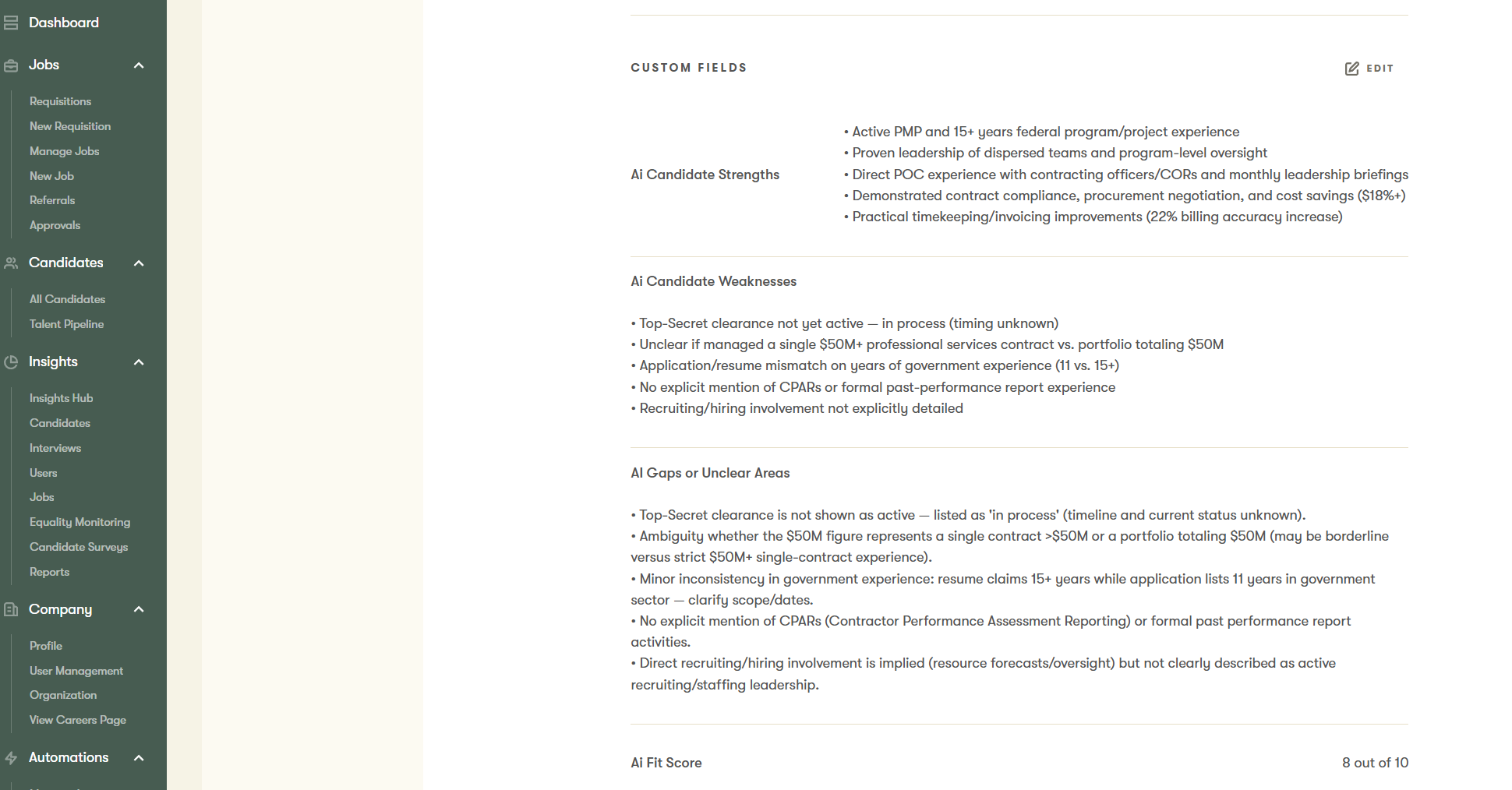 Pinpoint candidate view showing AI-generated strengths, weaknesses, gaps, and a fit score written back into custom fields.