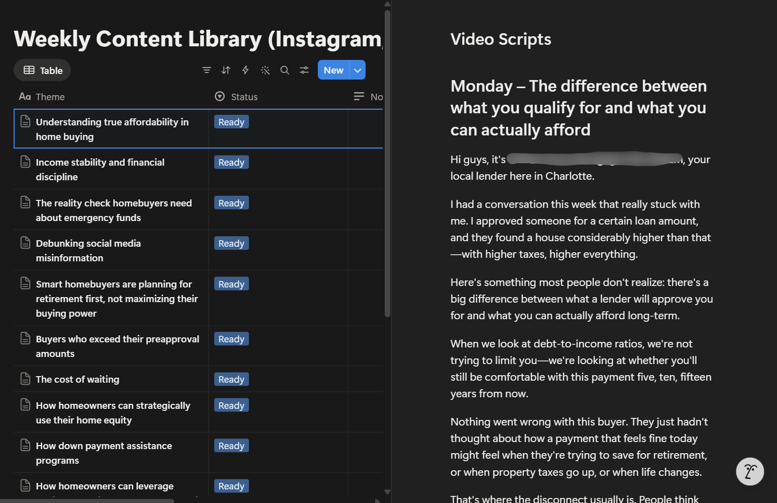 Notion weekly content library listing topic themes with ready/draft statuses, alongside a finished video script generated in his voice.