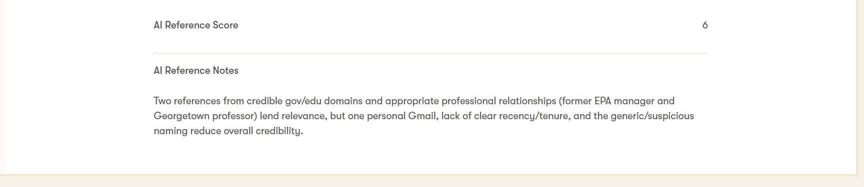 AI Reference Score and accompanying notes assessing the credibility of a candidate's references.